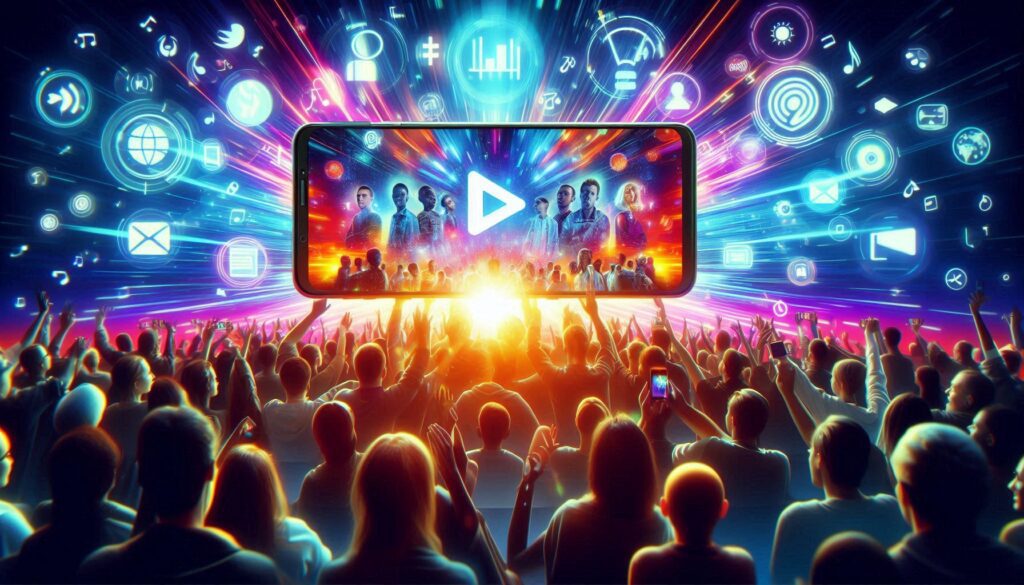 ambiente de concerto futurista, com ecrã gigante ao fundo e ícone de "play" sobre a tela. ecossistema Digital no seu esplendor