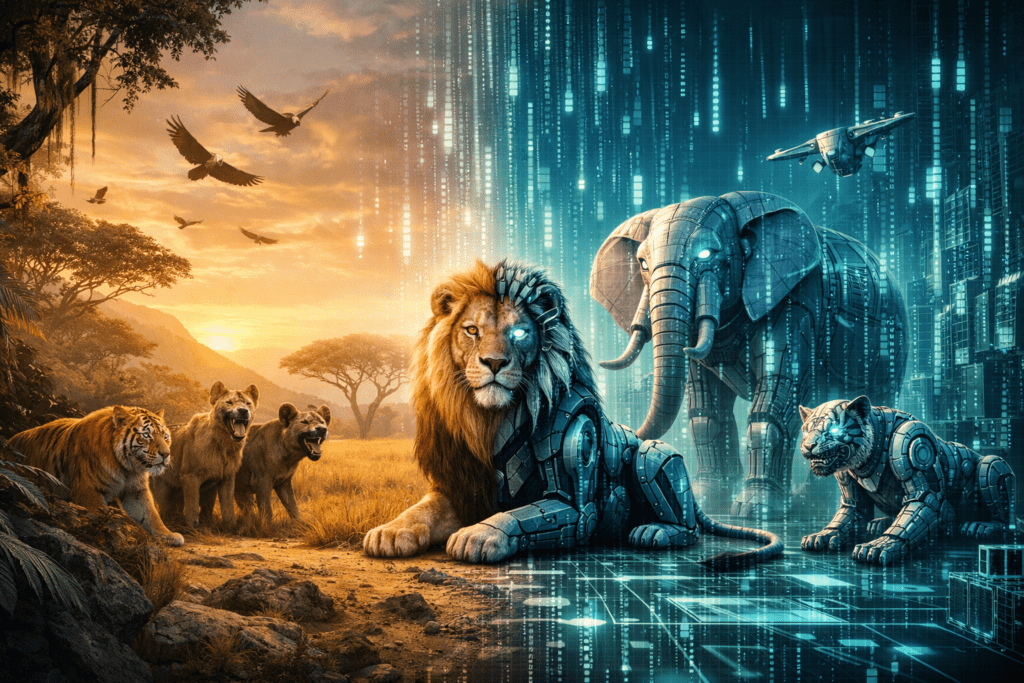 animais selvagens reais numa transição para animais selvagens digitais, autómatos. hienas, condores, leões, elefantes, tigres...